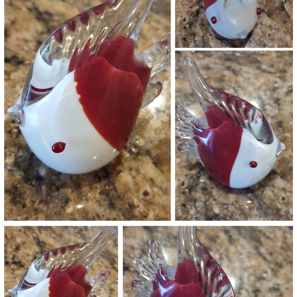 Vintage Murano Hand Blown Art Glass Angel Fish Figurine 4x4" Clear and Red